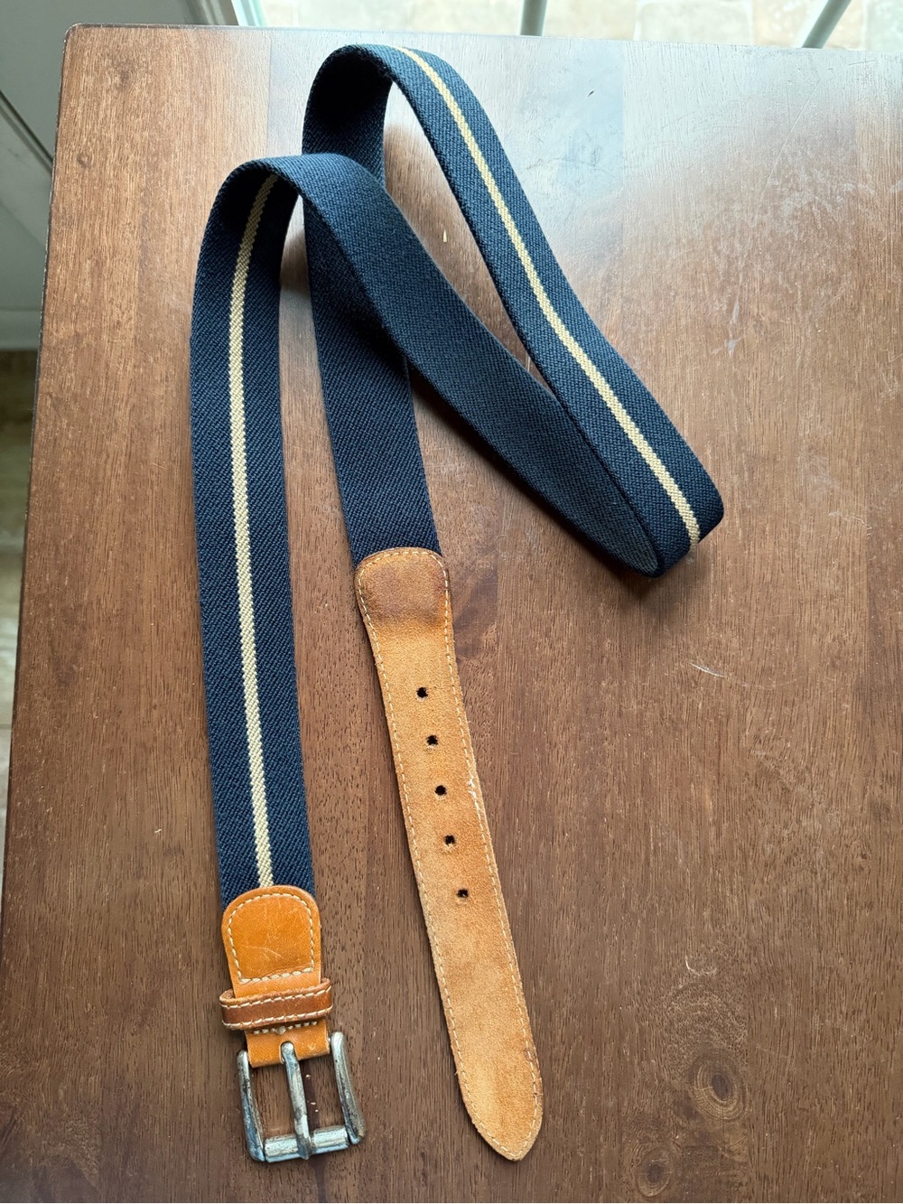 L.L. Bean Navy and Tan Striped Canvas Belt with Leather Trim